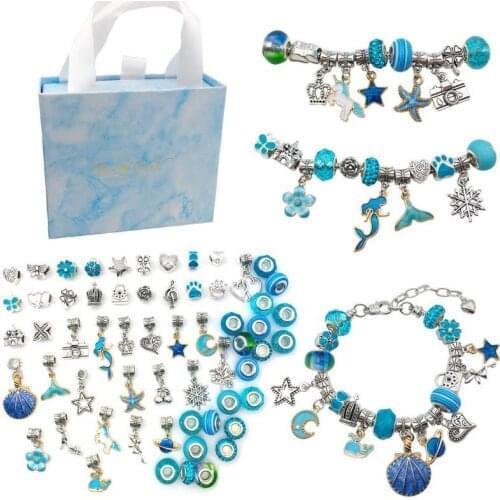 Creative DIY Pandora Bracelet Jewelry Making Set Women Love Gifts Blue Ocean Charm Beads Spacer Beads Pendant Bracelet Kit Set