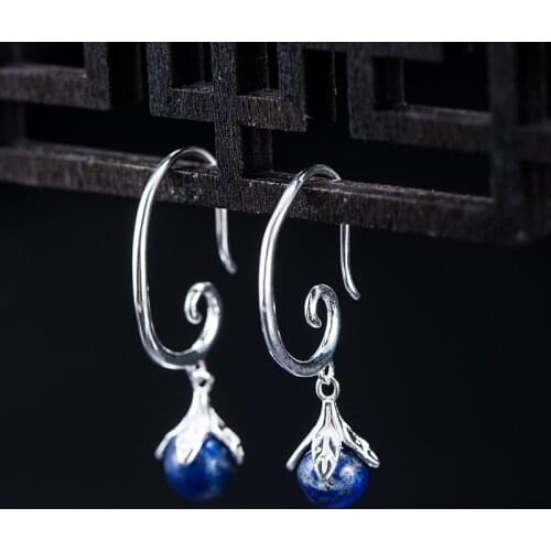 Real 925 Sterling Silver Lapis Lazuli Fruit Earrings For Women Vintage Elegant Fine Jewelry Birthday Gifts