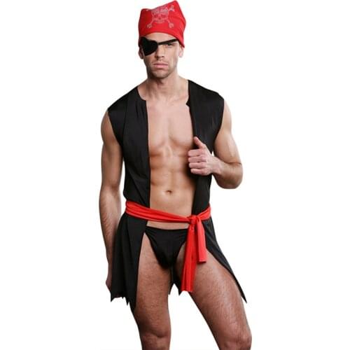 2021 New Adult Black & Red Hot Pirate Costume Men Fantasy Cosplay Costumes Sexy Night Club Wear Exotic Halloween Lingerie Set