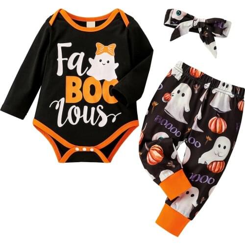 OPPERIAYA Babys Tops and Trouser Cotton Autumn Halloween Pumpkin Suit Fashion Letter Bodysuit and Halloween Print Pants Headband