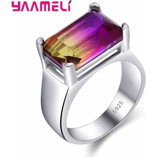 Popular Purple Yellow Gradient Color Square Crystal Ring Party Birthday Jewelry 925 Sterling Silver For Women