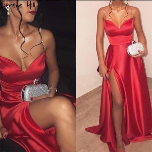Serene Hill Red Spaghetti Strap Sexy Evening Dresses 2021 Soft Satin High Split A-Line For Women Party LA71208
