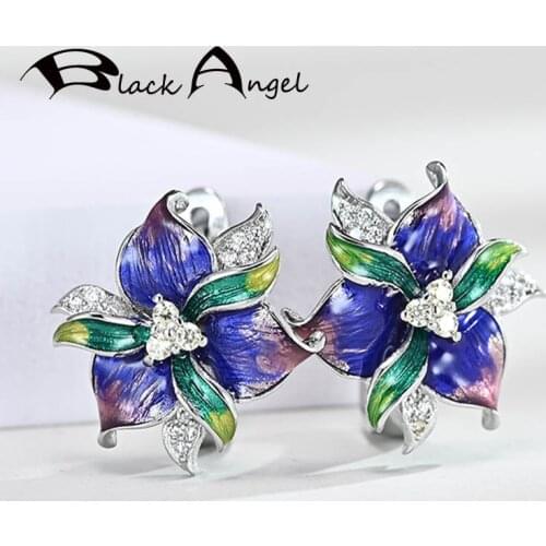 BLACK ANGEL Fashion Colorful Purple Enamel Flowers Earrings 2020 New Silver 925 Gemstone Wedding Clip Earrings Jewelry Wholesale