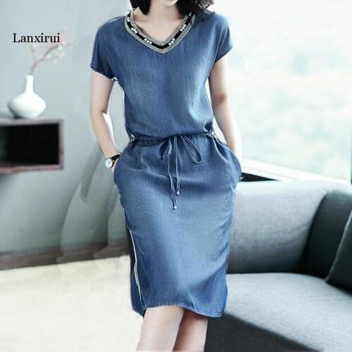 Summer Style Women Dresses Plus Size Fashion V-Neck Casual Loose Lacing Solid Jeans Dress For Women Larger Denim One-Piece