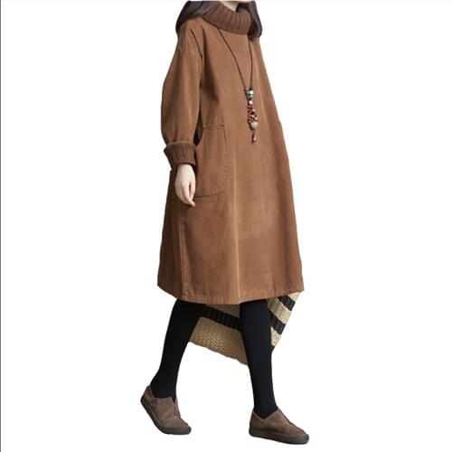 Plus Size Womens Turtleneck Dress Women Autumn Winter New Loose Literary Retro Korean Medium Long Corduroy Sweaters Dresses