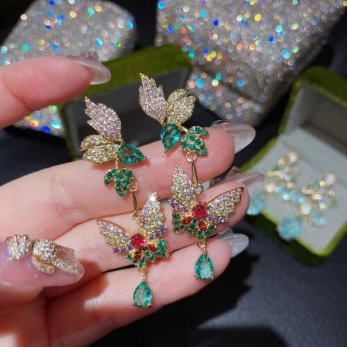 100% Yellow Gold 925 Sterling Silver Retro Exquisite Multicolor Crystal Butterfly Earrings For Women Girls Authentic Fashion