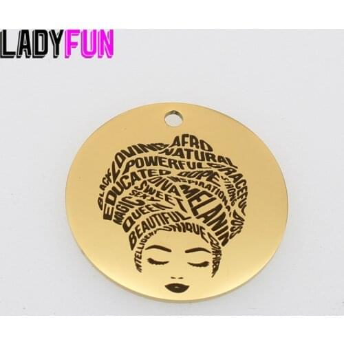 Afro Hair Words Melanin Black Queen Charms Stainless Steel Charm African American Gifts Pendant Polish Mirror Surface 30mm 10pcs