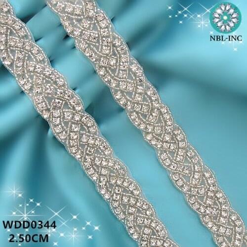 5 YARDS) Wholesale iron on silver clear bridal rhinestone beaded applique trim for wedding dress sash belt WDD0344