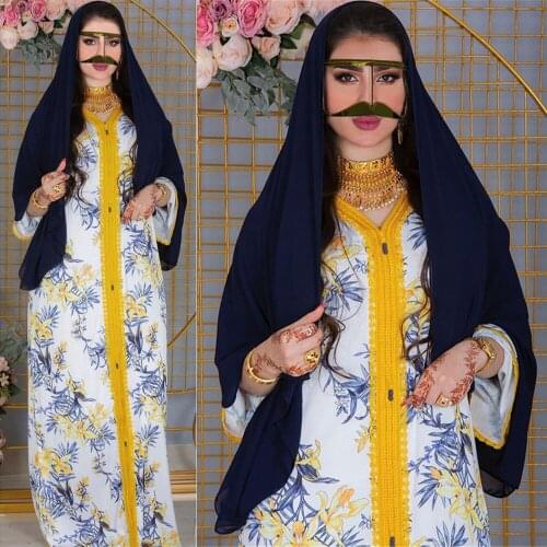 Arabic Abaya Dubai Muslim Women Printed Long Dress Ethnic V-neck Long Sleeve Maxi Robe Gown Moroccan Middle East Islamic Fashion