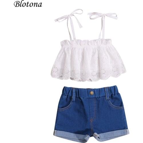 Blotona Toddler Girls 2Pcs Summer Outfits, Sleeveless Tie Strap Lace Tops + Solid Color Elastic Waist Denim Shorts Set, 0-6Years