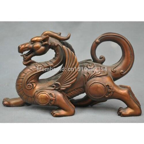 8" China Folk Dragon Unicorn with Wings Bronze Statue
