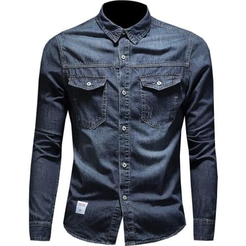 Mens Cotton Denim Jacket Long Sleeve Aviator Shirt Blue Thin Casual Streetwear