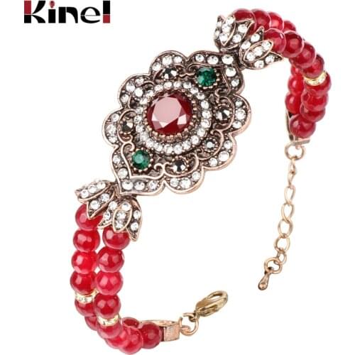 Kinel Boho Crystal Flower Couple Bracelet Jewelry Fashion Antique Gold Red Natural Stone Wedding Bracelet Bridal Party Gift Hot