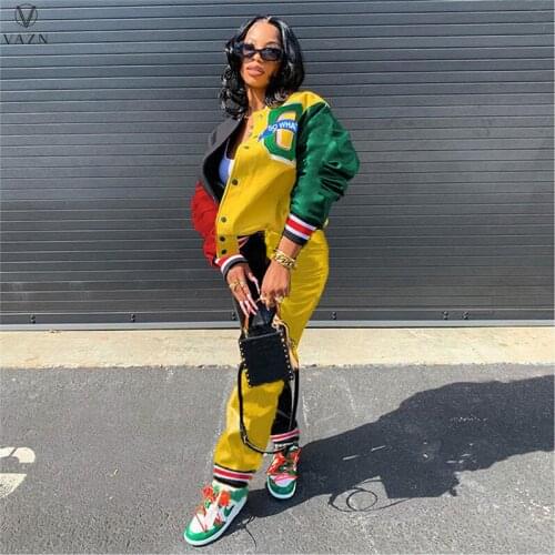 VAZN 2021 Autumn Patchwork Baseball Set Nature Casual Young High-end Tracksuits Full Sleeve Long Pants Slim Women 2 Piece Set