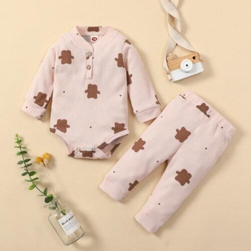 2Pcs Fall WInter Newborn Baby Waffle Outfits Suit Toddler Infant Bear Print Long Sleeve Casual Playsuit+Trousers Clothes Set