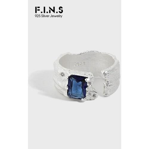 F.I.N.S Trendy Irregular Brushed Surface Geometric Zircon S925 Sterling Silver Open Ring Texture Square Blue Pink CZ Finger Ring