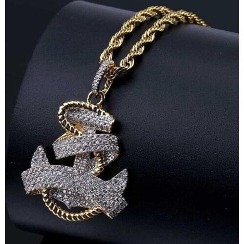 Fashionable Mens Necklace Gold Plated Ice Micropav Cubic Zircon Anchor Pendant and Necklace Bling Hip Hop Jewelry