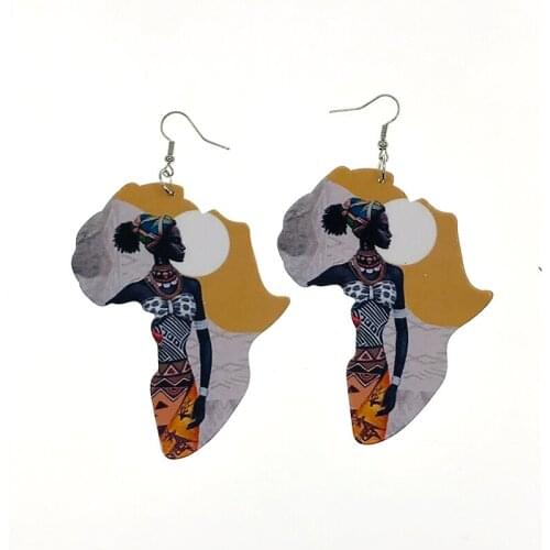 Unfinished Wood Africa Map Queen Afro Modern Girl Earrings Vintage Party African Hiphop Rock Geo Jewelry Wooden DIY Club Gift