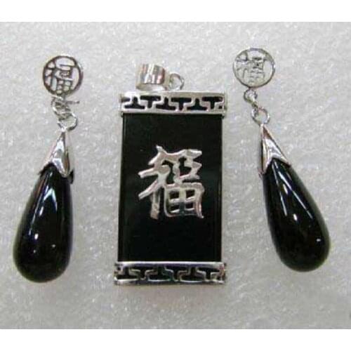 New Women Jewelry Natural Black stone Pendant Necklace Earring Set