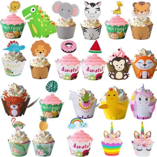 WEIGAO Birthday Party Cupcake Decor DIY Cartoon Animal Cupcake Wrappers Kids Woodland Safari Dinosaur Party Supplies Cupcake