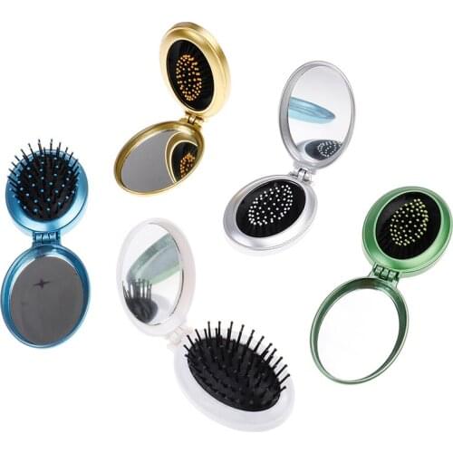 Portable Round Pocket Small Size Travel Massage Folding Comb Girl Hair Brush With Mirror Styling Tools