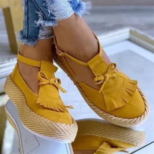 2021 Summer Classic Womens Straw Weave Thick Bottom Round Toe Sandals Fashion Retro Faux Suede Tassel Platform Casual Shoes
