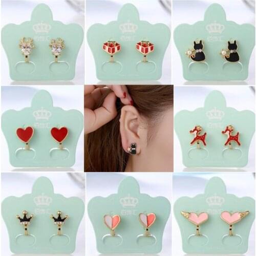 Korea Style Cartoon Heart Crown Deer Gift Box Clip on Earrings No Pierced for Girls Party Cute Luxury Needn't Ear Hole Earrings