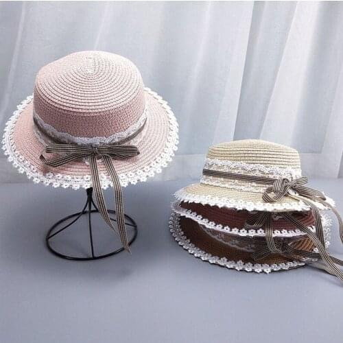 Summer Pastoral lace bow knot plaid straw hat female soft girl sweet sunshade straw hat Parent-child