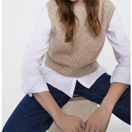 TRAF 2021 Womens Fashion Ribbed Border Diamond Format Solid Color Vest Sweater Retro Round Neck Sleeveless Womens Streetwear