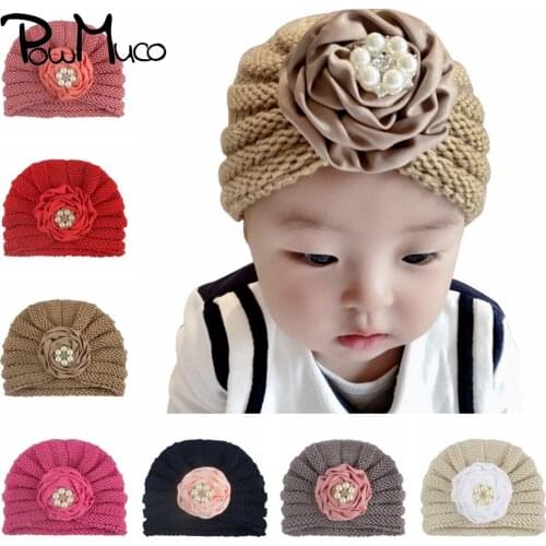 Powmuco 16*13 CM Knitted Striped Wool Baby Girls Hats Fashion Printed Donut Infant Cap Handmade Crochet Warm Headwear Kids Gifts
