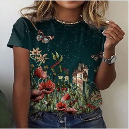 2021 new butterfly lady T-shirt 3D floral print round neck casual niche design sense clothing female animal series short sleeve