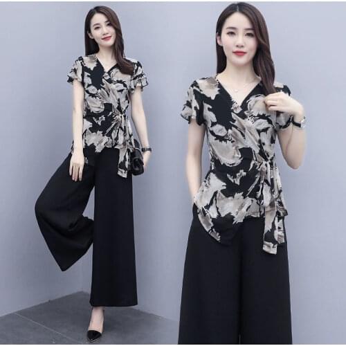 Womens Outfits Wide Leg Pants Shirt 2021 Summer New Korean Version Casual Foreign Style Culottes Crop Top Two Piece Set Women