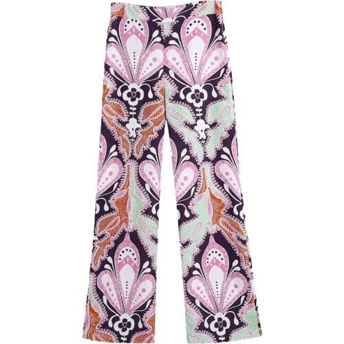 Baldauren 2021 Women Chic Fashion Paisley Print Flare Pants Vintage High Waist Side Zipper Female Trousers Mujer