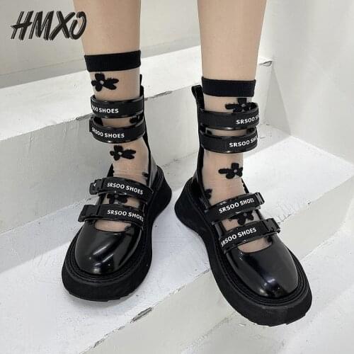 HMXO Black Thick-soled Roman Shoes Hollow Strap High-top Retro British Style Roman Buckle College Retro Mary Jane Shoes Female
