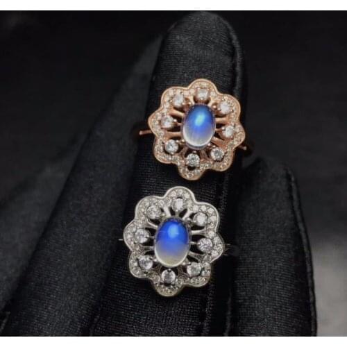 Natural blue moonstone ring, flower shape, fresh and beautiful, 925 silver exquisite