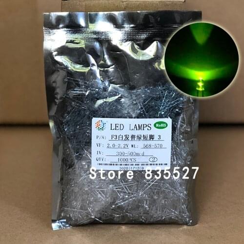 1000PCS/LOT F3 3MM Round Ordinary Green ( Yellow - Green ) LED Light-emitting Diodes Water Clear For DIY Light lamp beads DIP