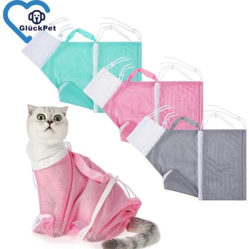 Cat Accessories Adjustable Cat Shower Mesh Bag- Multifunctional Cat Grooming Bathing Bag with Drawstrings Anti-Bite Anti-Scratch