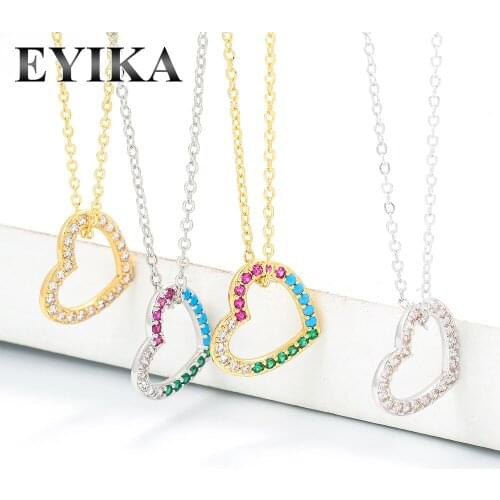 EYIKA Delicate Mix Color Cubic Zirconia Hollow Heart Small Pendent Necklace Shiny CZ Statement Jewelry Collier Gift for Women