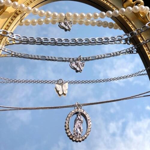 Religious Geometric Portrait Angel Metal Chain Necklace For Women Multilayered White Imitation Pearl Beaded Choker Gifts Jewelry