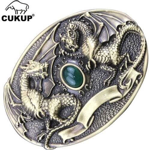 CUKUP Western VS Chinese Dragon Decorative Brass Buckle Metal Real Jade 3.7-3.9cm Wide Belt Cowboy Buckles Only for Men BRK020