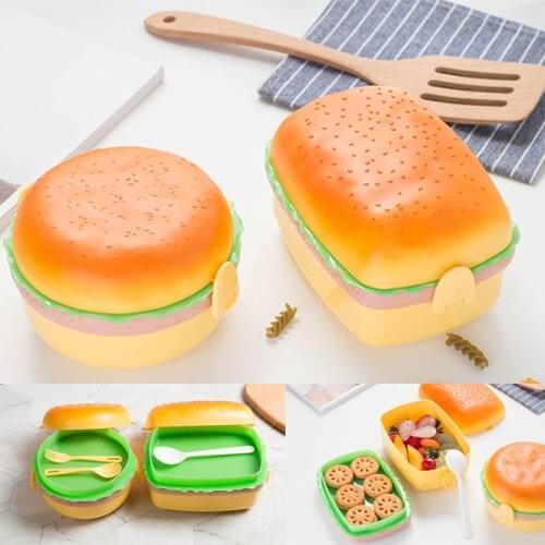 Cute Hamburger Double Three Tier Lunch Box with Fork Burger Box Bento Lunchbox Children School Food Container Tableware Set Kids