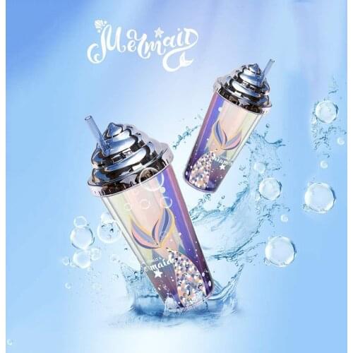 Mermaid Reusable Double Wall Plastic Cups 420ml With Cream Lids And Straw,Kawaii Insulated Kids Anime Water Bottle,BPA Free