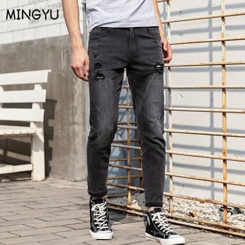 2021 Spring Autumn New Casual Jeans Men Slim Feet Korean Version Trend Elastic Hole Fashion Black Streetwear Mens Jeans 28-36