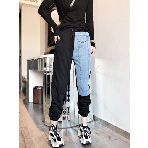 Spring/summer 2021 New Denim Splicing Sports Trousers Jeans Personality Student Harem Trouser Women Slim Denim Pants