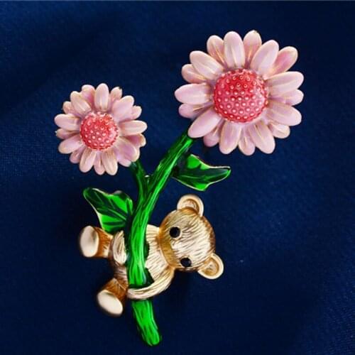OKILY Lovely Pink and Yellow Enamel Little Bear Holding Sunflower Brooch Pin for Unisex Jewelry Accessories Cute Animal Broch