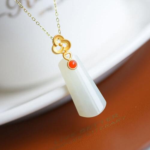 Silver inlaid natural Hetian white jade pulp Pendant Necklace Chinese style retro Bohemian hair elegant womens jewelry