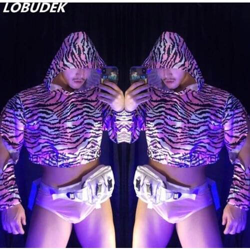 Sexy Hip Hop Pink Leopard Hooded Crop Tops Shorts Outfits Set Bar Dance Groups Lead Dancer Costume DJ Party Performance Clothes
