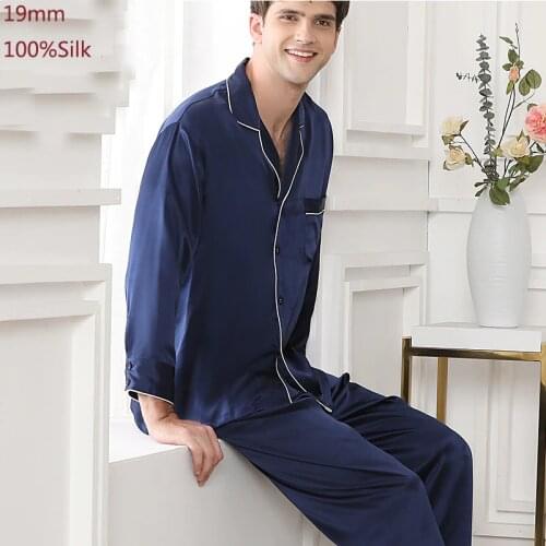 19MM 100% Silk Pajamas Mens Solid Color Long-Sleeved Trousers Silk Home Service Two-Piece Suit Men Sleepwear