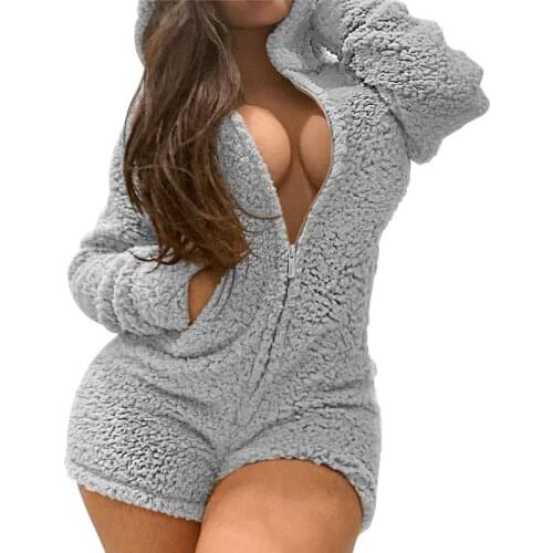 New Fashion Warm Soft Plush Women Winter Pajamas Playsuit Cute Bunny Ears Hooded Long Sleeve Zipper Nightwear Jumpsuit Ladies