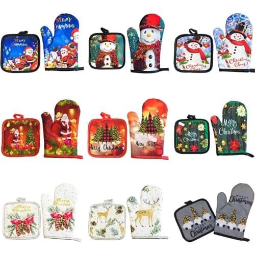 Christmas Oven Mitts and Pot Holders Sets Non Slip Kitchen Gloves Hot Pads with Inner Cotton Layer for Cooking BBQ Gift